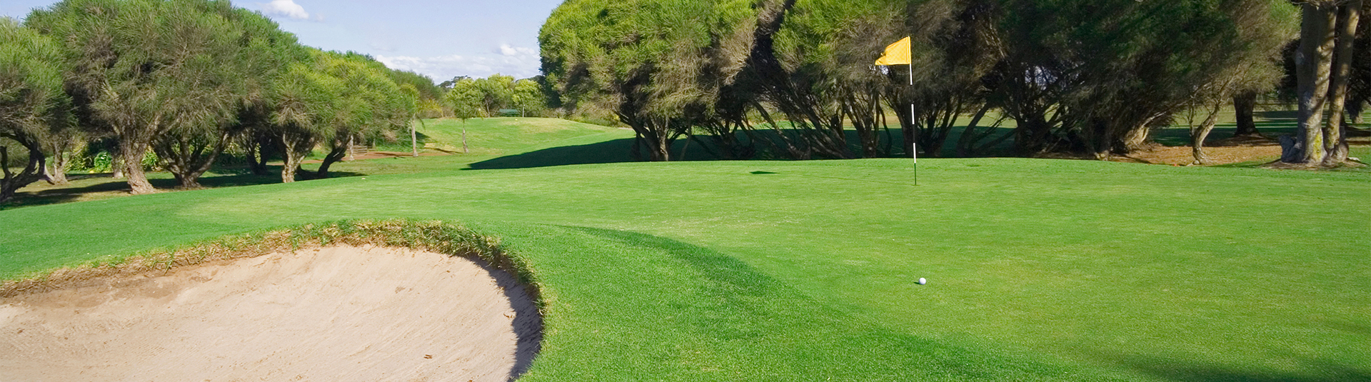 view of golf course green with sandtrap and flagpole